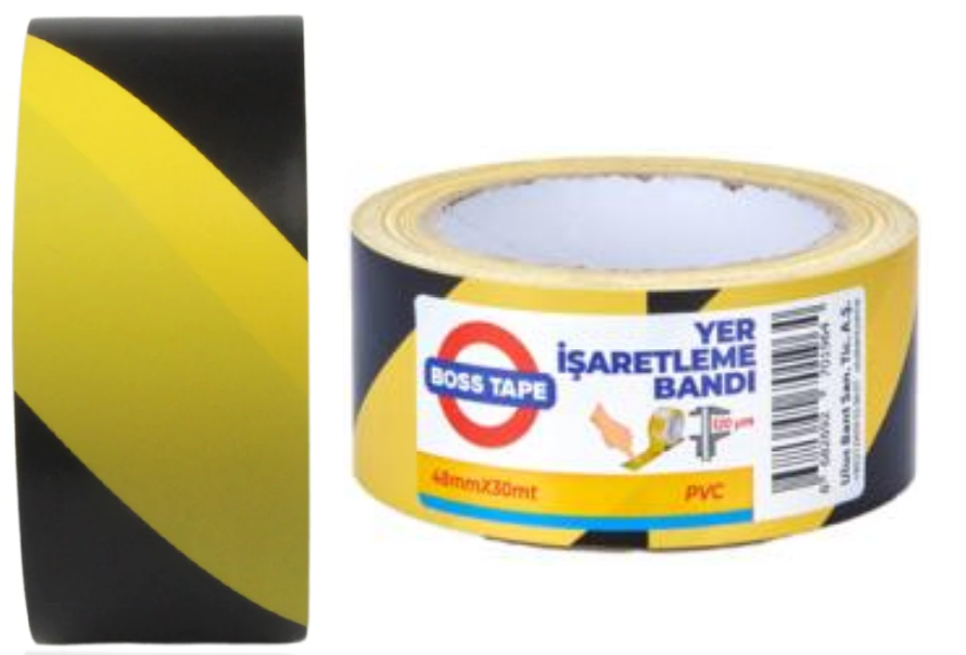 BOSS%20TAPE%20PVC%20YER%20İŞARETLEME%20BANDI%20SARI%20SİYAH%2050%20MM%20x%2030%20METRE