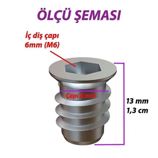 METAL DÜZ DİŞLİ DÜBEL AHŞAP DÜBELİ - M6 8X13 - MOBİLYA BAĞLANTI ÜNİTE BİRLEŞTİRME (50 ADET)